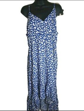 Pacific Vibes Blue White Floral High Low Dress Size XXL Smocked Tiered Maxi NWT